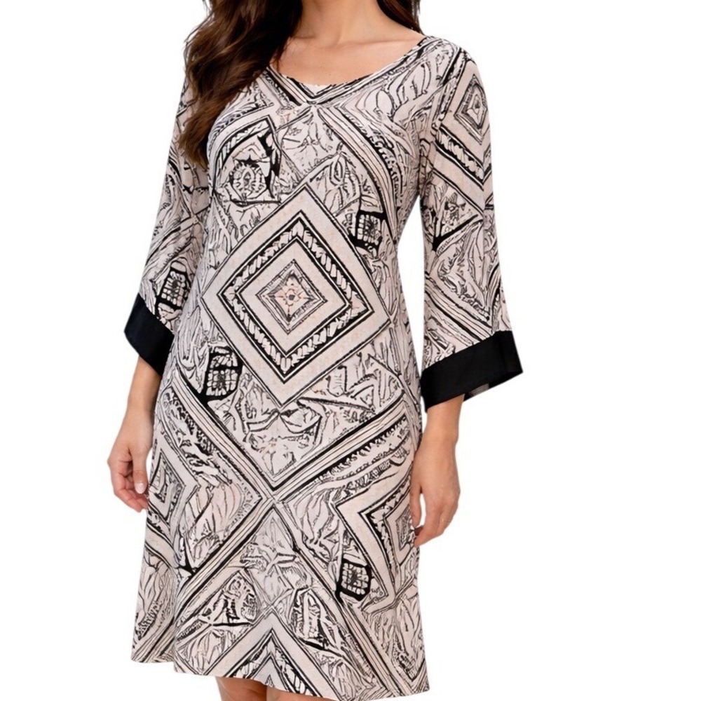 Jonathan Martin Women's‎ 3/4 Flare Sleeve Geometric Midi Dress Black White Sz 10